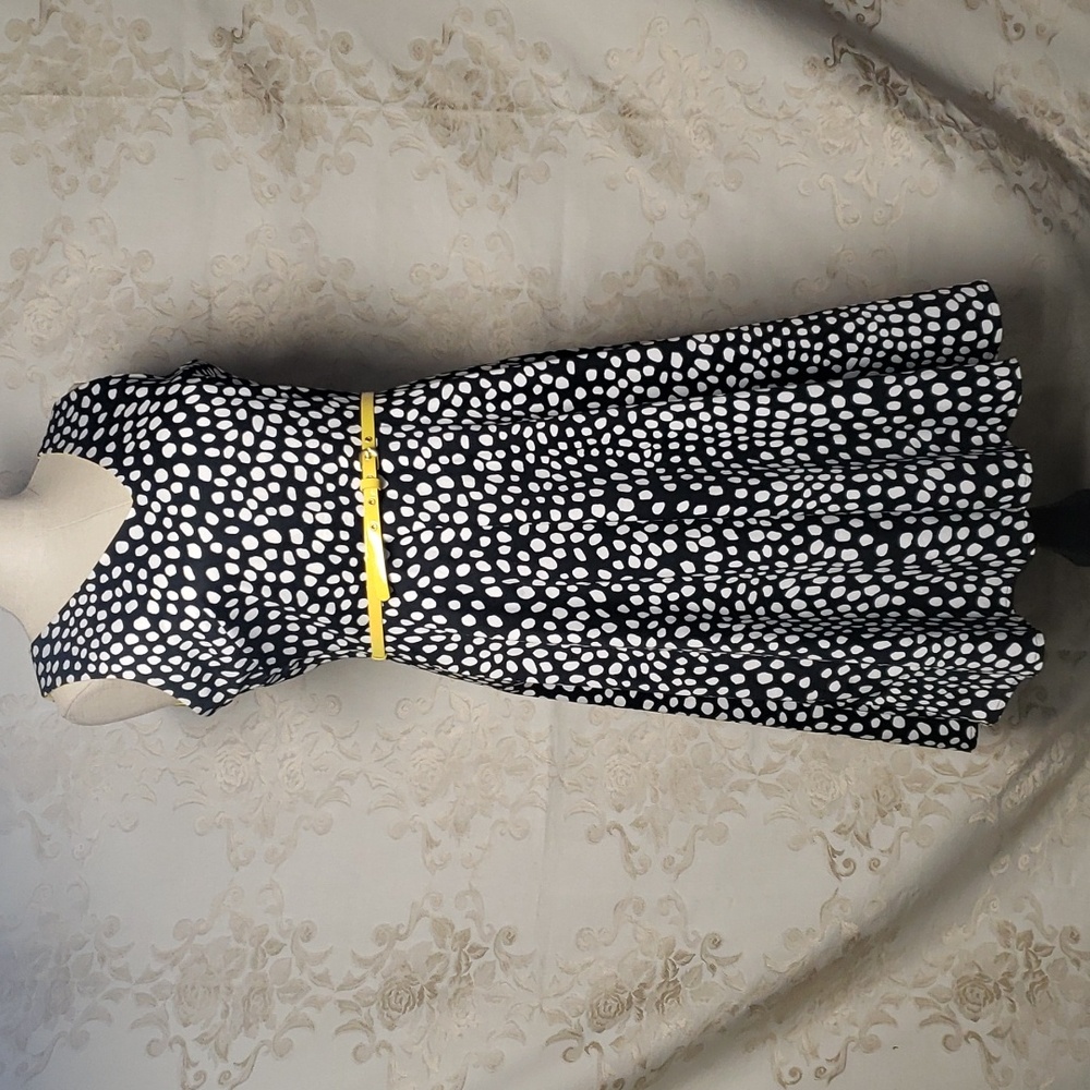 Dressbarn Black w/White Polka Dots Fit & Flare Dress w/Yellow Lining & B…